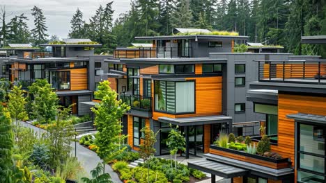 modern architectural homes with wood and dark panel siding in a forested setting
