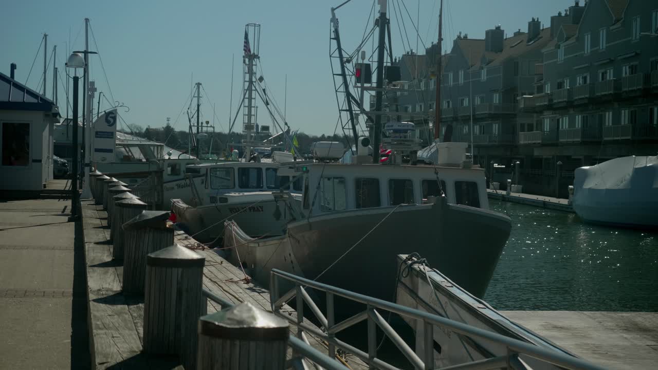 Fishing boats lined up along dock at a waterfront marina with scenic surroundings under sunny blue sky