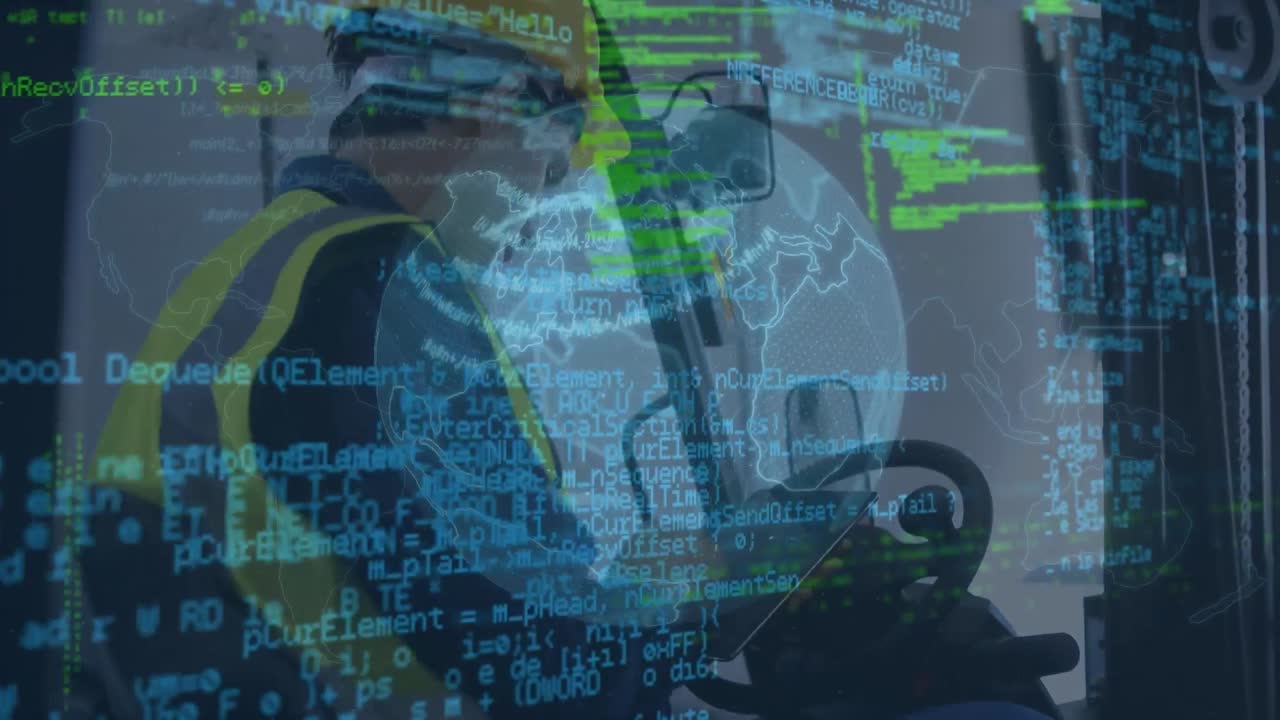 animazione dell'elaborazione dei dati e globo sopra lavoratore maschio caucasico