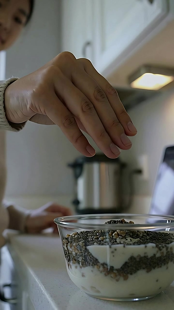 Vertikal video: Strekker ut hånden, en kokk i topp topper frø på en glassbolle med yoghurt på kjøkkenet som en matbit