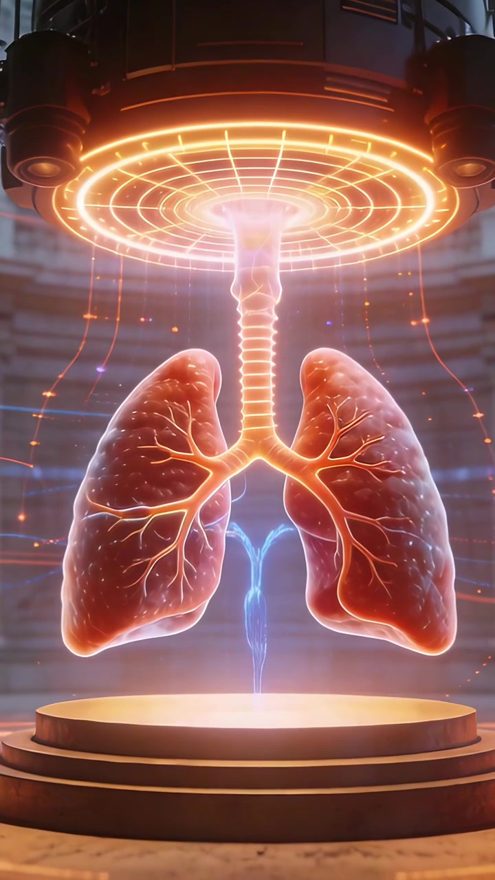Video verticale: Emettitore di luce che mostra polmoni 3D in una camera medica, mappando bronchi e flusso d'aria.