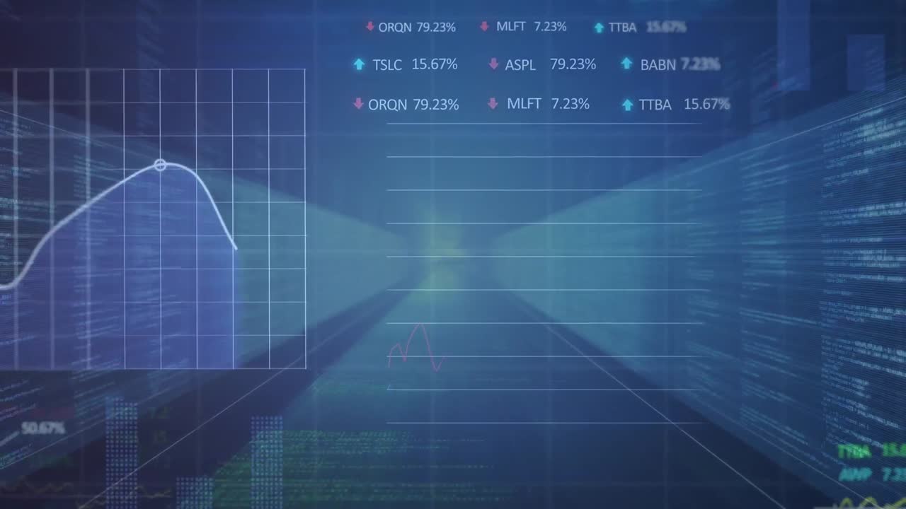 Animation of statistical and stock market data processing against computer server room