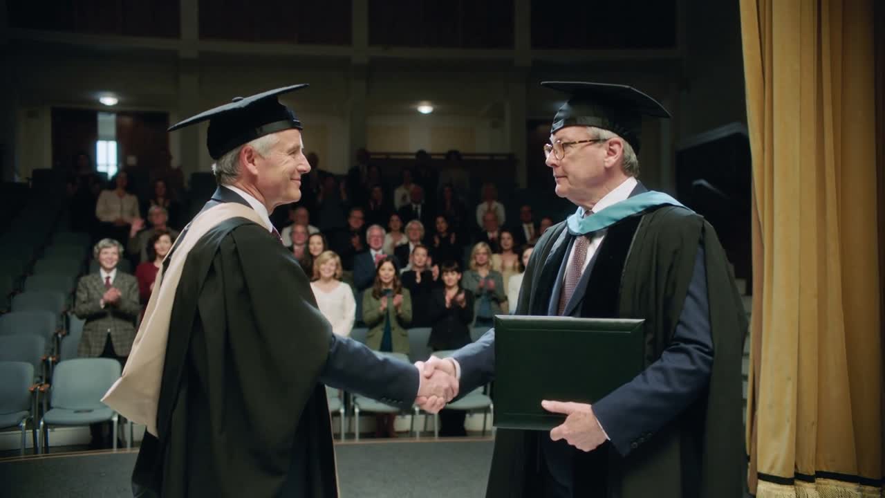 Shaking hands, two academics in gowns holding diploma folder on stage, as audience clapping