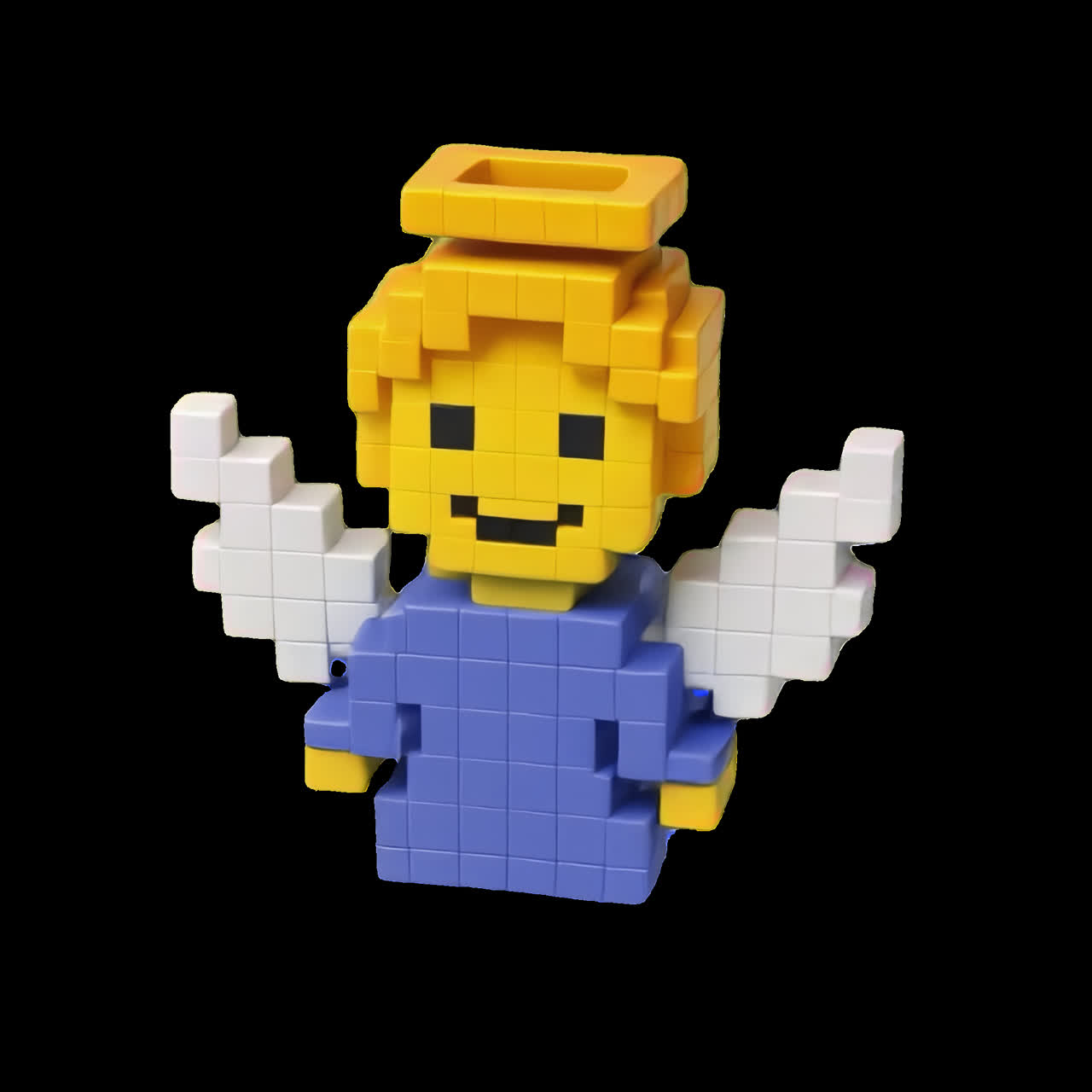 Pixelated angel toy figure animation isolated asset, transparent 4K video, alpha channel, ProRes