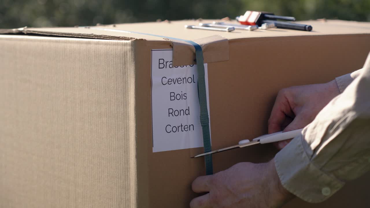Hand cutting open a sealed cardboard box with a cutter during outdoor unpacking or product installation
