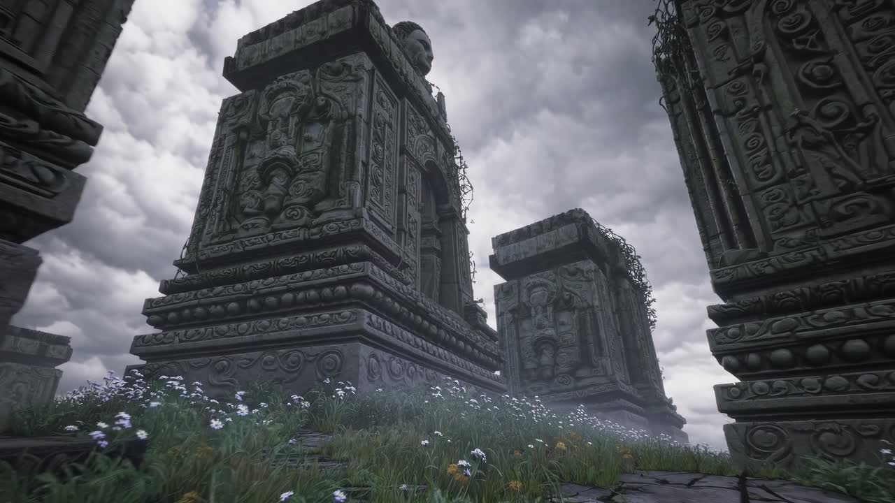 Rovine di un antico tempio di pietra sotto un cielo nuvoloso
