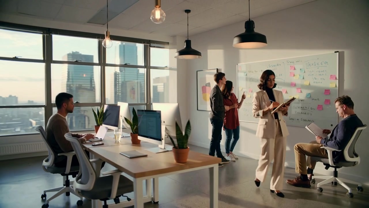 Walking woman in beige suit reading notebook to present at office after team moving sticky notes