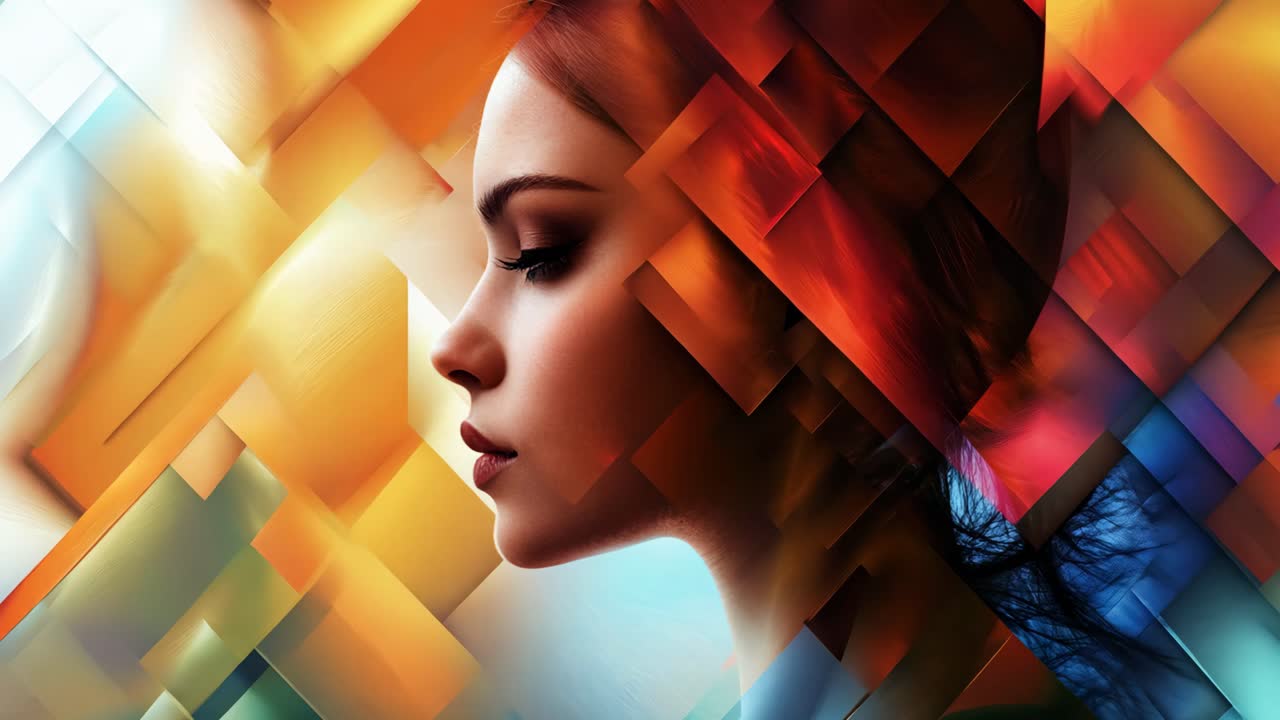 A woman's face is shown in a collage of different colored squares. The image has a vibrant and dynamic feel, with the woman's features standing out against the colorful background