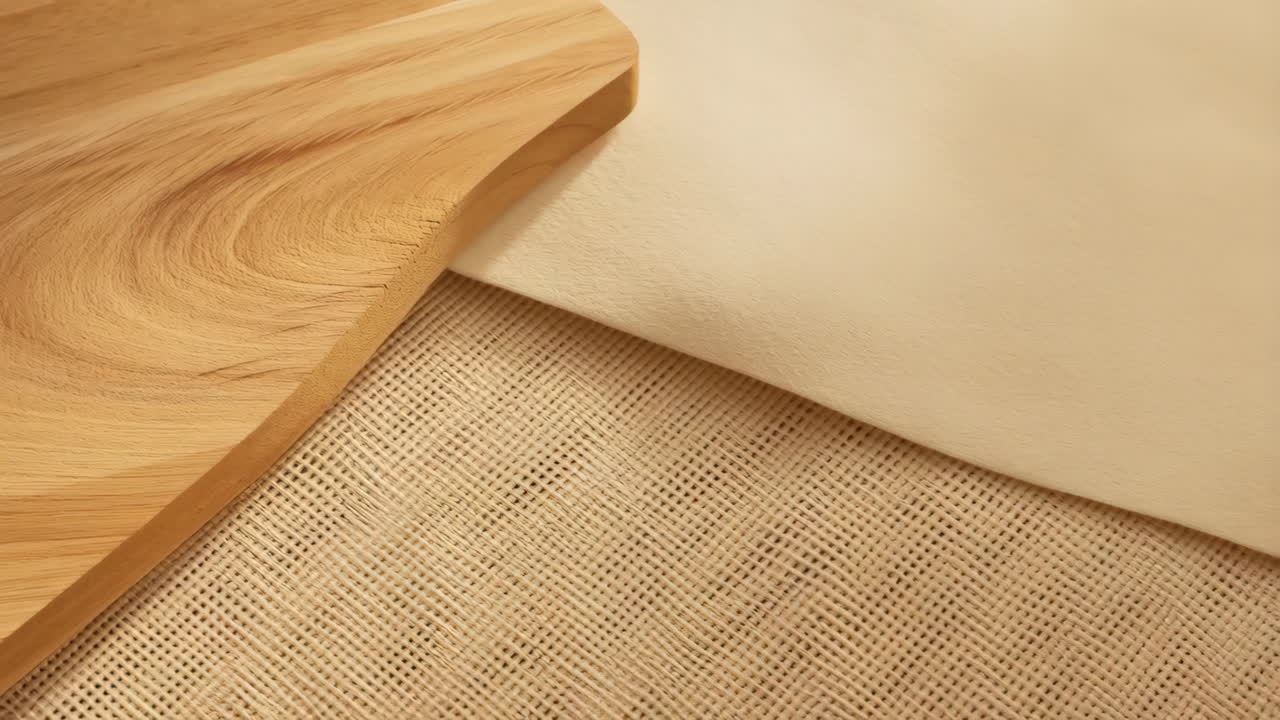 Abstract Composition of Wood, Cream Material, and Woven Texture