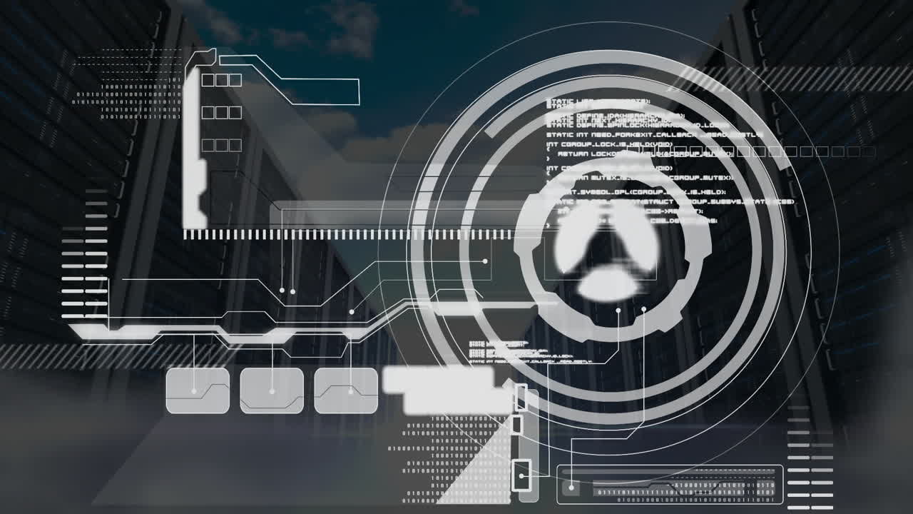 Animation of financial data processing over computer servers in background