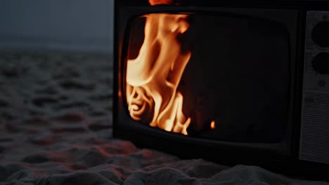 burning retro tv on the beach at night