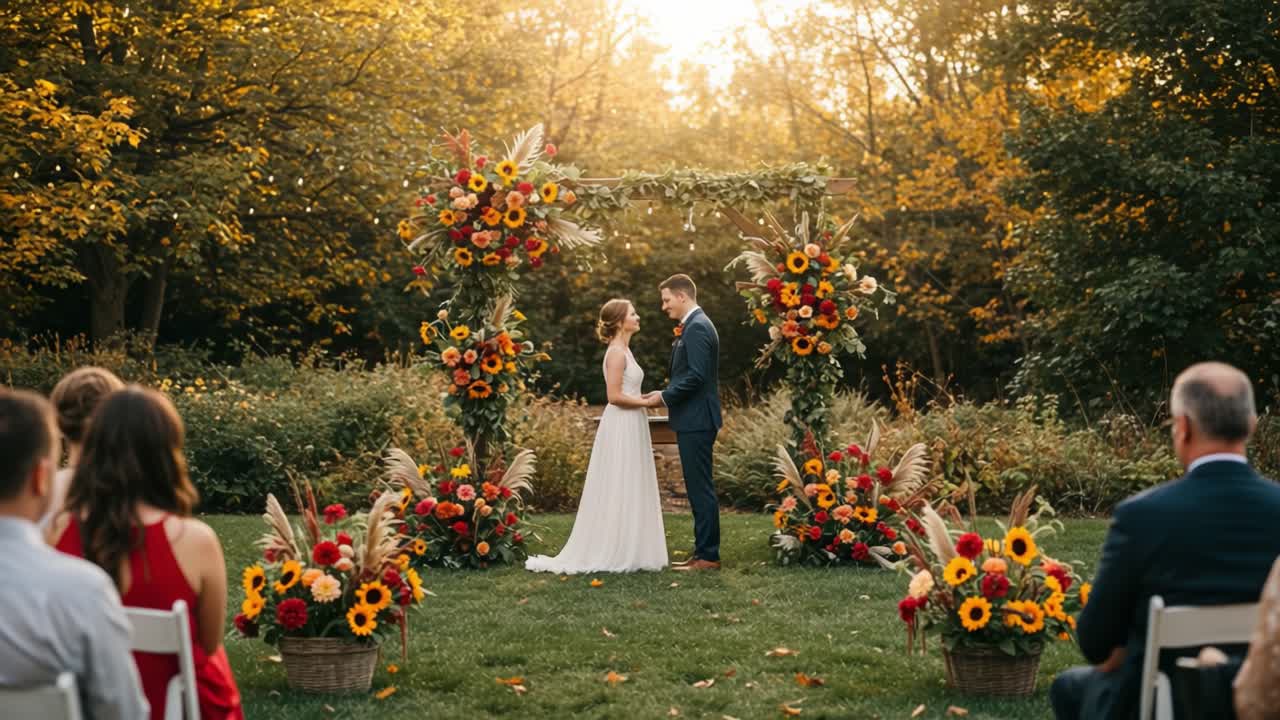 Outdoor Wedding Ceremony with Bride and Groom Under a Floral Arch