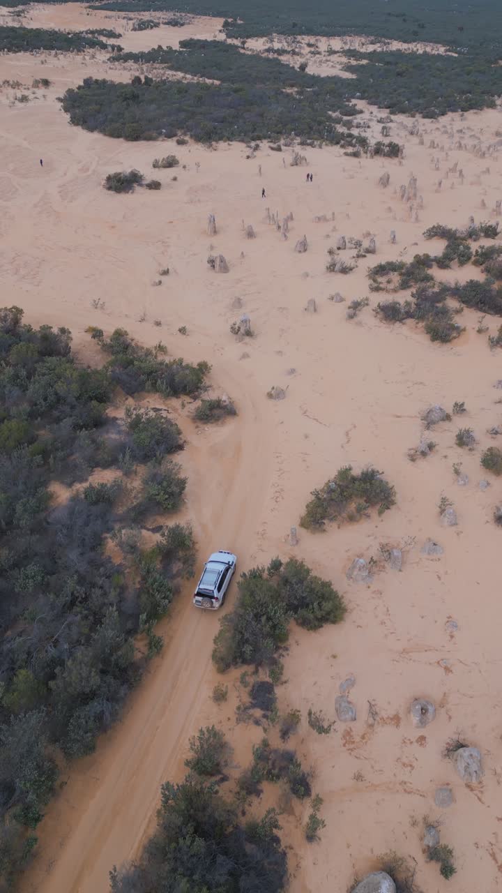 Vertical aerial footage of a cross-terrain vehicle driving in the Pinnacles Desert