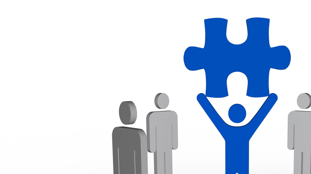 animación de figuras de palos grises y azules sosteniendo una pieza de rompecabezas azul