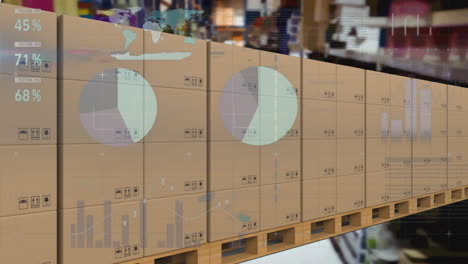 animación del procesamiento de estadísticas sobre cajas de cartón en cinta transportadora en el fondo