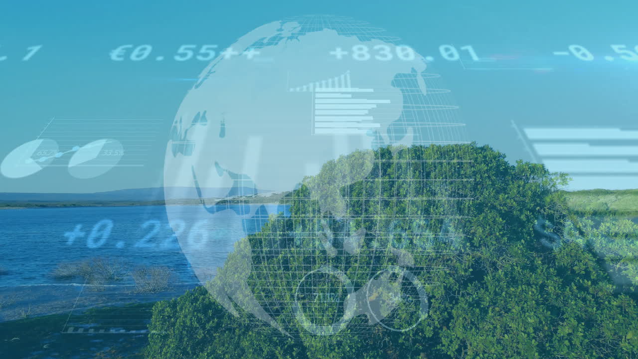 Globe and financial data animation over lush green landscape by sea