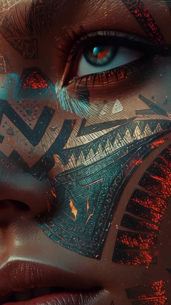 Vertical video: Female cyborg lifting eyelid revealing cyber eye in dark backdrop, tribal plating