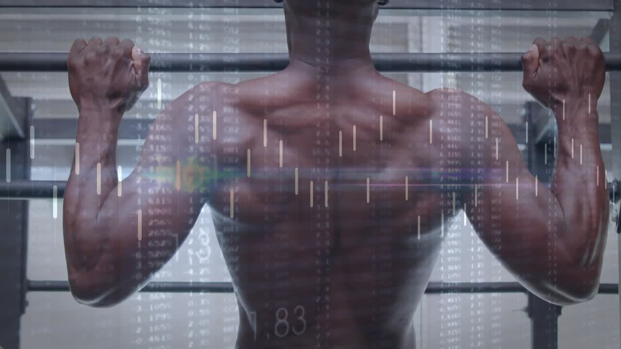 Atleta maschio che si allunga verso l'alto e afferra la sbarra per trazioni facendo trazioni, mentre i dati di fitness tengono traccia della forza