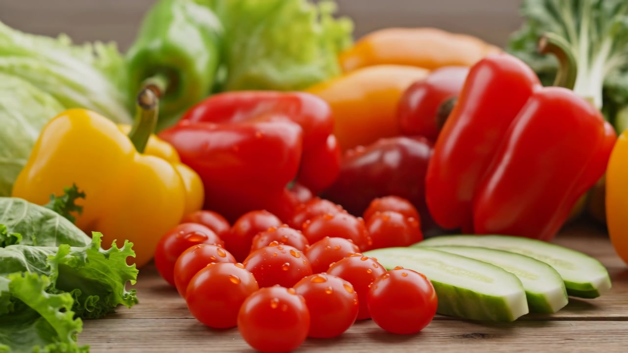 Verdure fresche e colorate su tagliere di legno, primo piano di peperoni rossi e gialli, pomodorini ciliegino, affettati