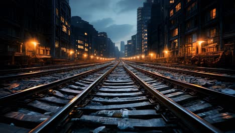 quiet evening at the railway tracks in a city surrounded by tall buildings