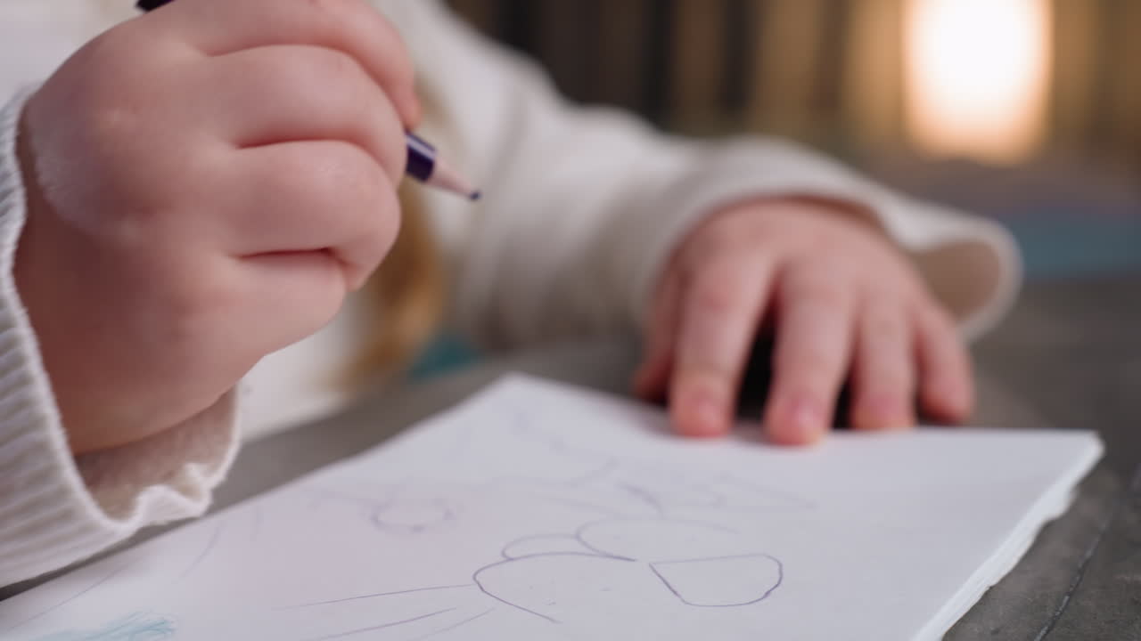 Close up of student hands holding purple pencil drawing shapes on paper, wearing white sweater, focused on creative activity, expressing imagination, learning through art, early childhood education