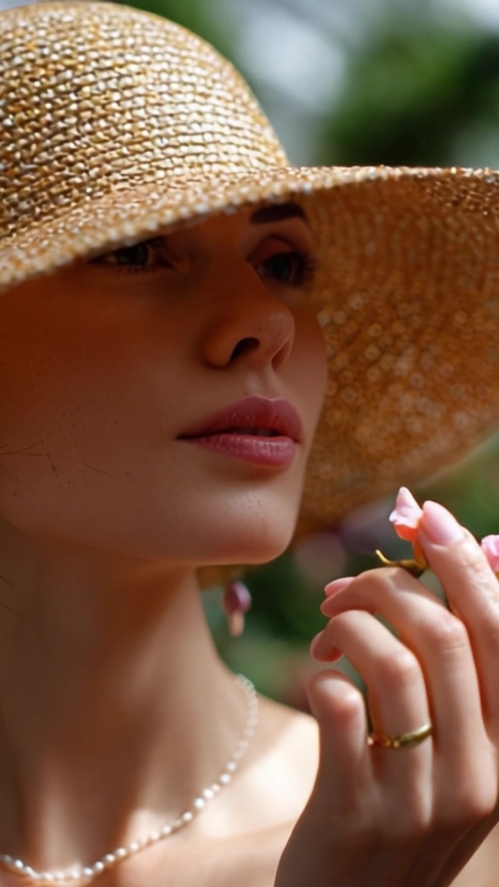 Una bella donna con un cappello di paglia che tiene delicatamente un petalo di rosa alle labbra, catturando un momento di grazia e serenità nell'abbraccio della natura, beatitudine diurna.