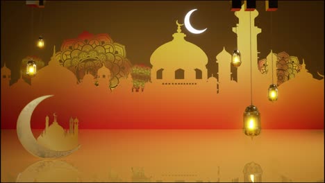 eid mubarak gráficos animados con luna y mezquita con fondo de mandala islámico. mezquita de linterna religiosa islámica tradicional. celebración del ramadán. decoración de festivales de cultura árabe