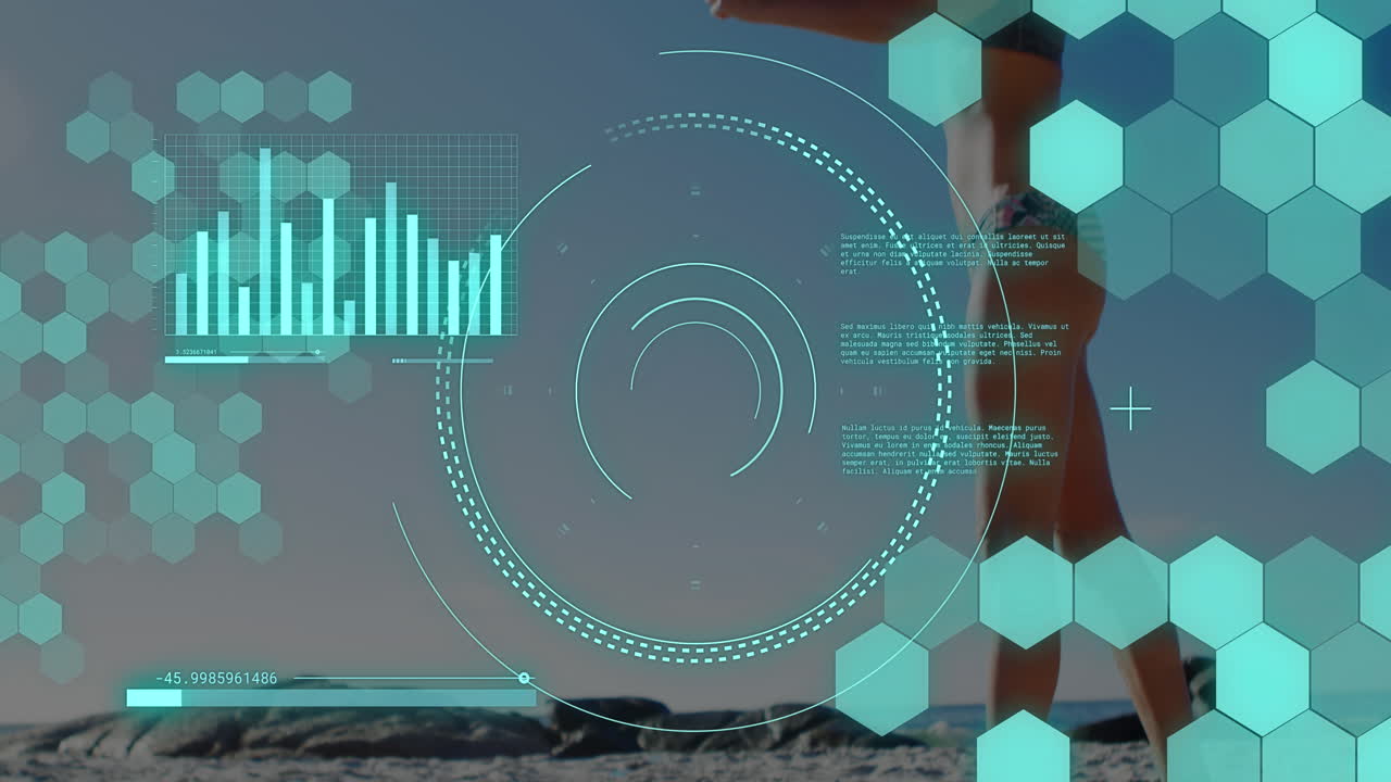 Animation of scope scanning and data processing over caucasian woman playing volleyball at beach