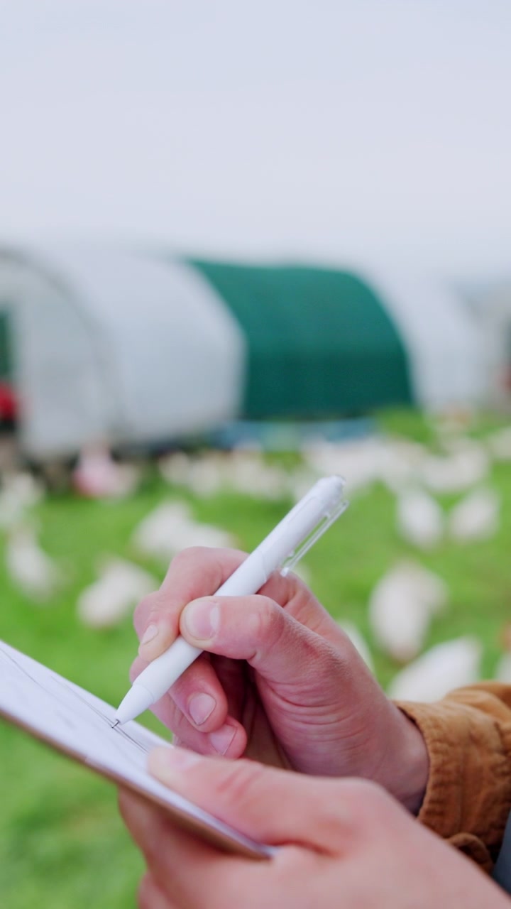 Farmer Writing Notes on Clipboard at Poultry Farm