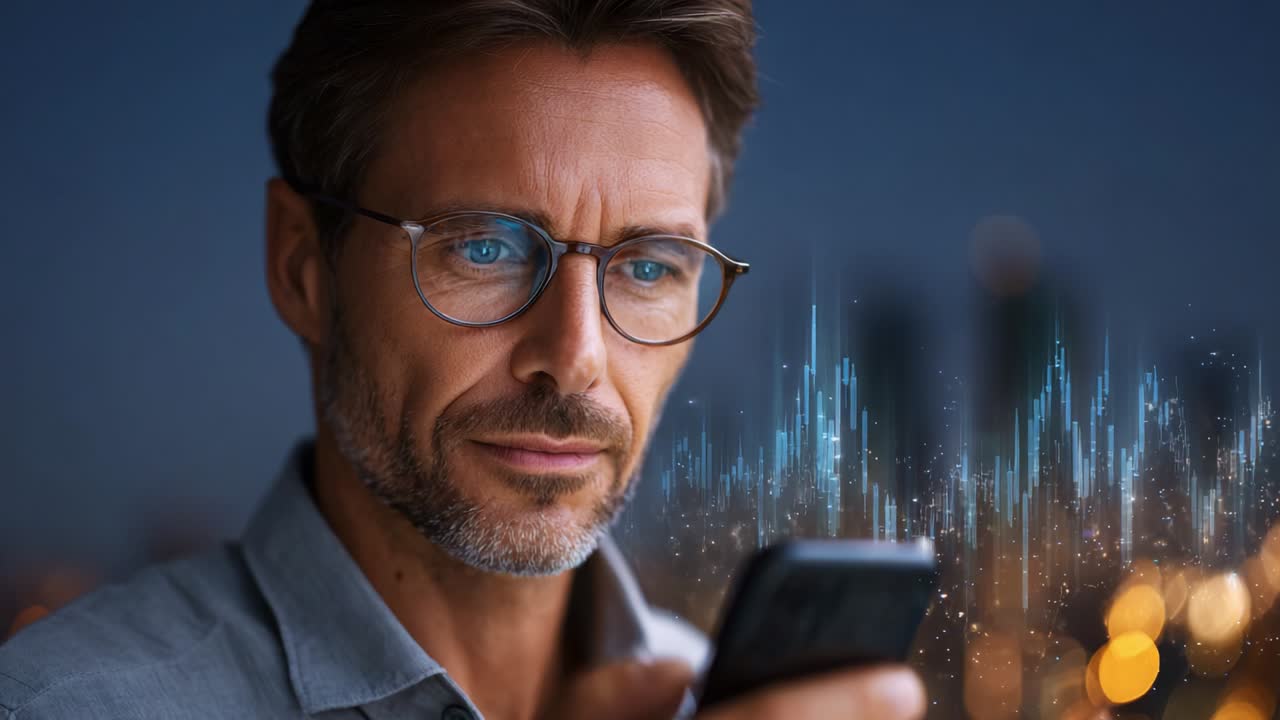 A thoughtful man engages with his smartphone amidst a digital soundwave display, reflecting modern technology's impact on communication and connectivity in an urban evening landscape