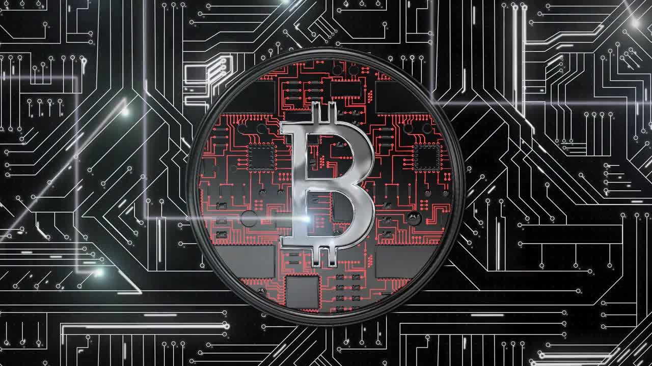animación de la placa de circuito y bitcoin