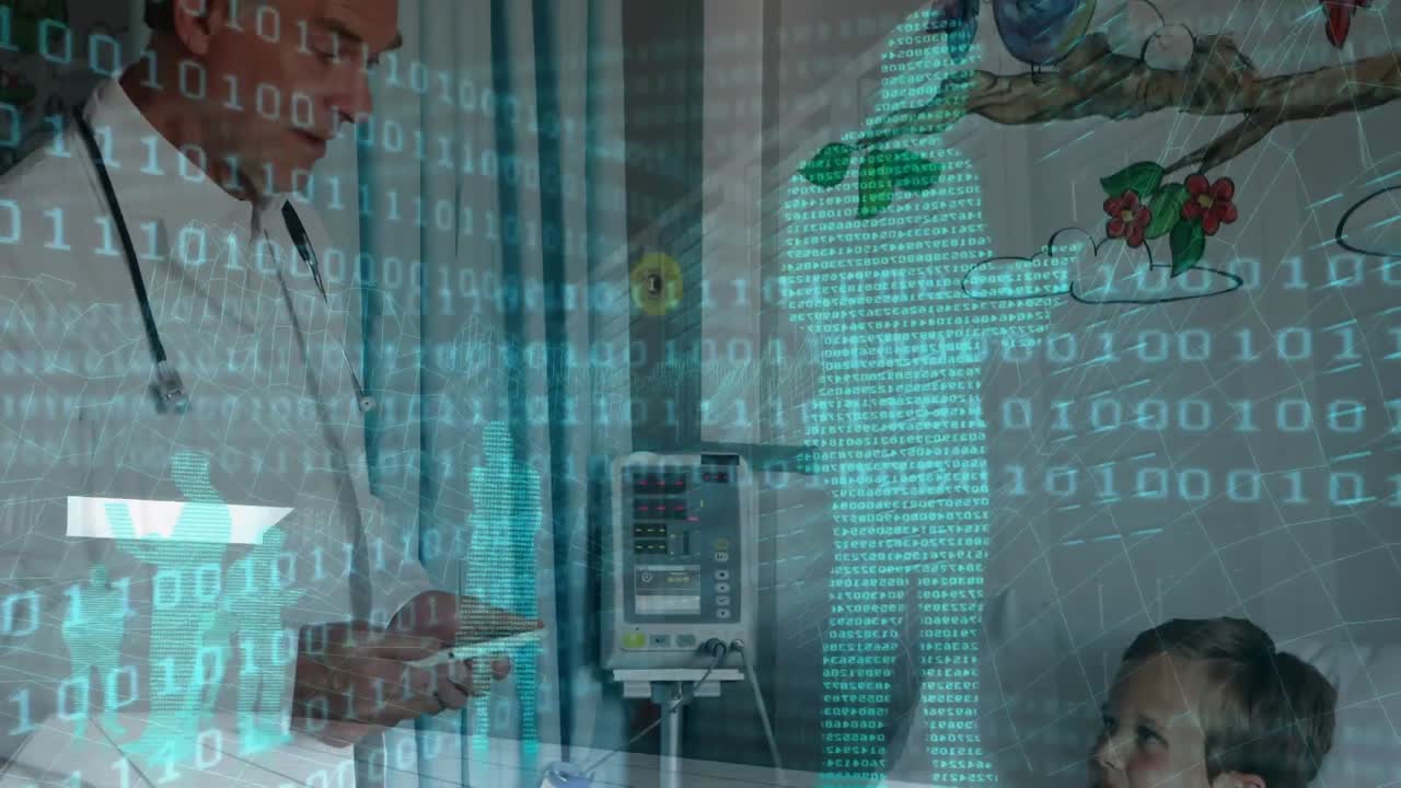 animación del procesamiento de datos de codificación binaria sobre un paciente varón y un médico masculino utilizando un teléfono inteligente
