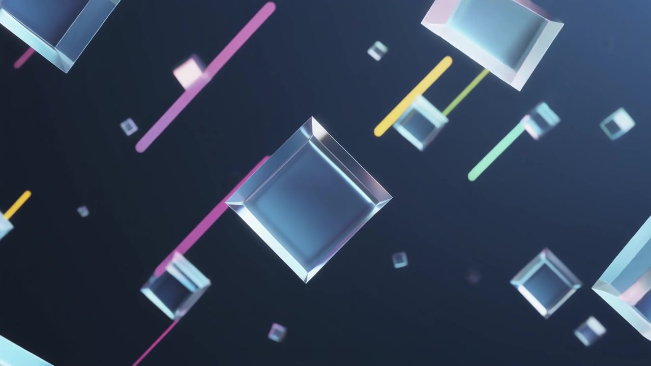 Abstract 3D Animation of Floating Glass Cubes and Colorful Lines
