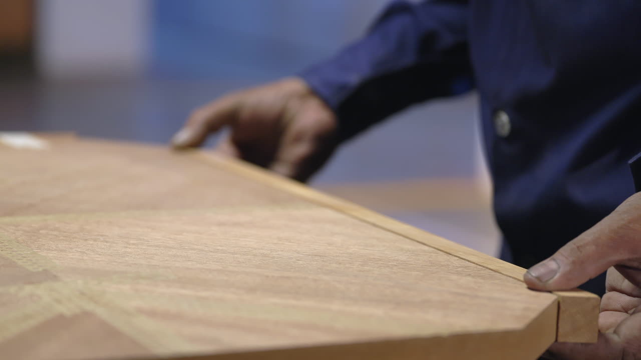 Closeup Shot Of Cabinet Maker Building A Wood Table, Furniture Making Industry