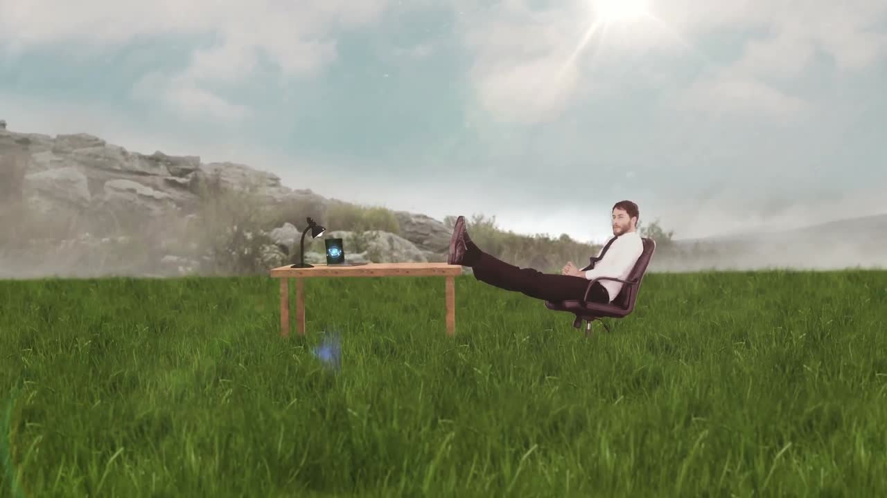 웃고 있는 사업가 가 휴식을 취하고 있다