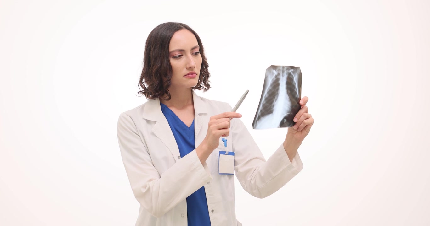 Focused woman doctor examines xray image of pacient chest