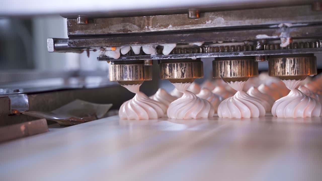 Automated line for the production of sweet souffle, marshmallow. A close-up of the formation of confectionery products. Factory of natural food products