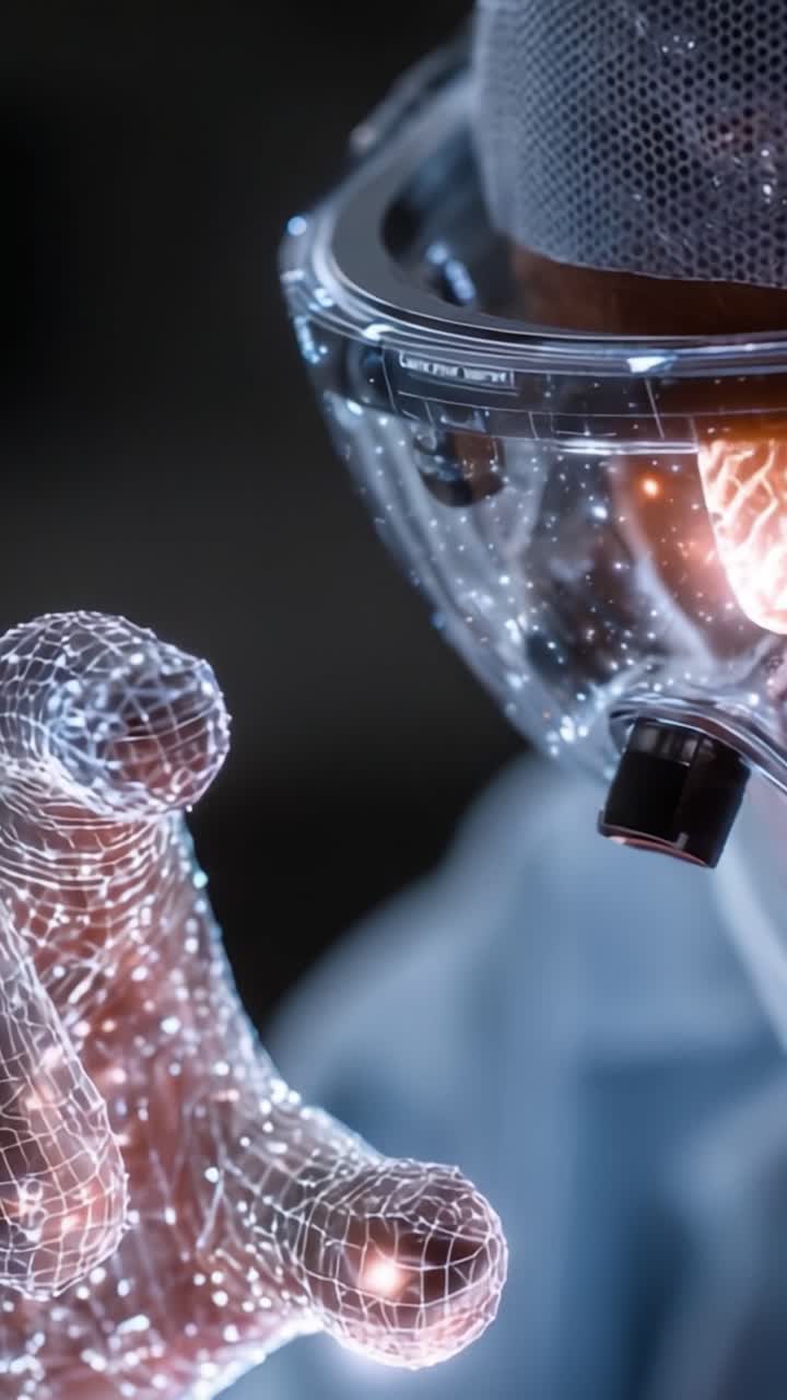An Individual Engaging with a Futuristic Holographic Interface Through a Transparent Visor, Demonstrating Innovations in Augmented Reality Technology and Human-Computer Interaction