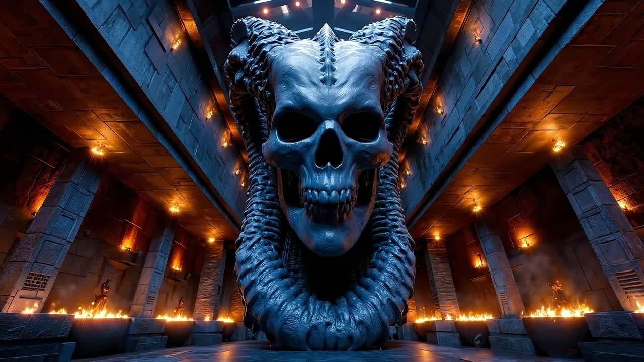 A large blue skull with horns in a dark room
