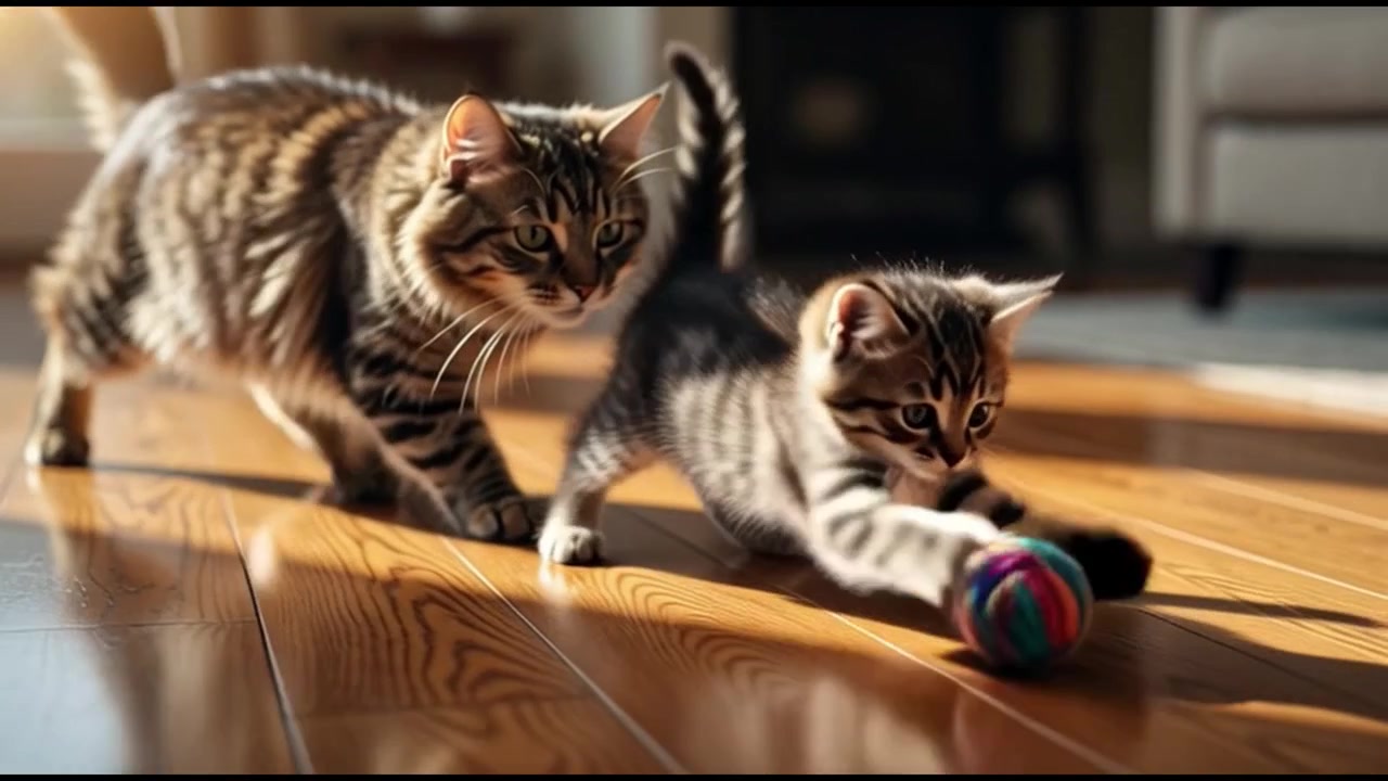 Gatto soriano adulto che guarda un gattino carino giocare con una palla