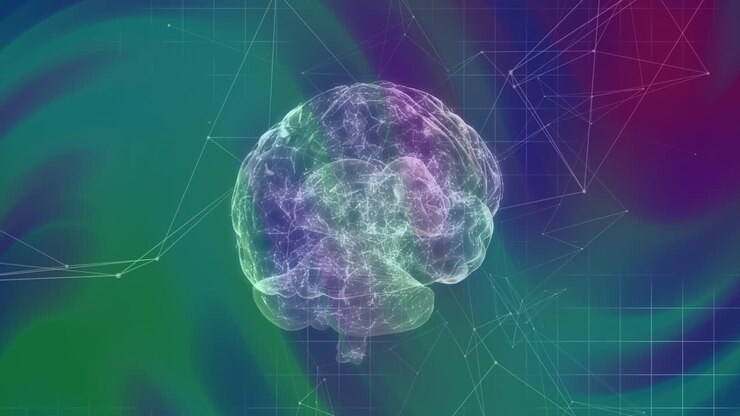 Animazione di cervello e forme su sfondo colorato.