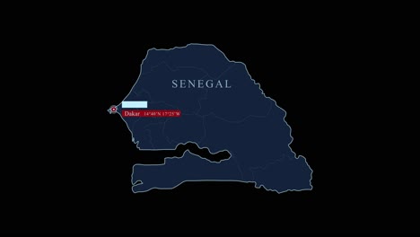 mapa azul de senegal con la capital dakar y las coordenadas geográficas en fondo negro
