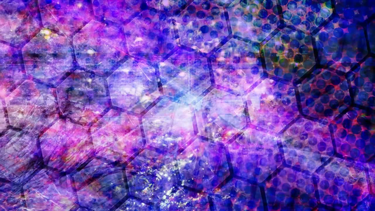 파란색과 보라색의 회전하는 육각형과 떨어지는 먼지 - 4k 원활한 루프 모션 배경 애니메이션