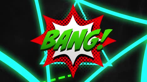 Animation-of-bang-text-over-neon-triangles-on-black-background