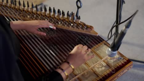 a woman playing on zither in the theatre high angle shot, close up shot, arc shot