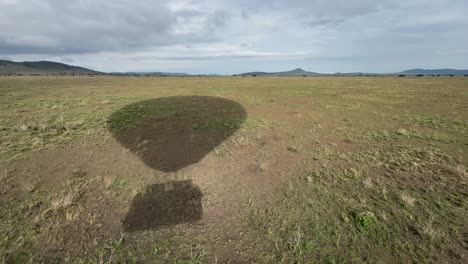 hot air balloon shadow on the ground in serengeti national park in tanzania.