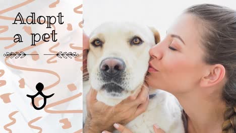 animación de adoptar un texto de mascota sobre una mujer caucásica besando a un perro