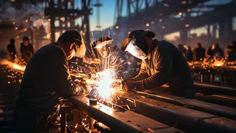 welders crafting metal structures at sunset in an industrial workshop