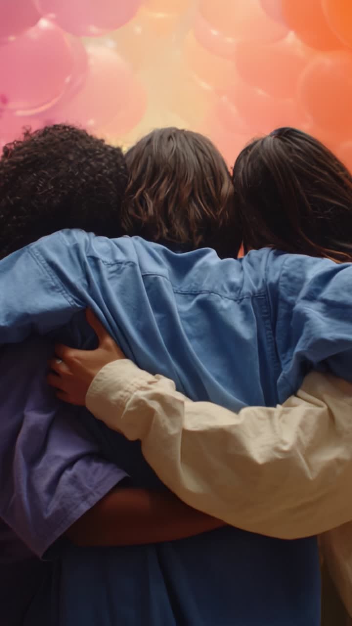 A Heartwarming Embrace Among Friends Surrounded by Colorful Balloons, Celebrating Connection and Togetherness in a Joyful Atmosphere Filled with Love and Laughter