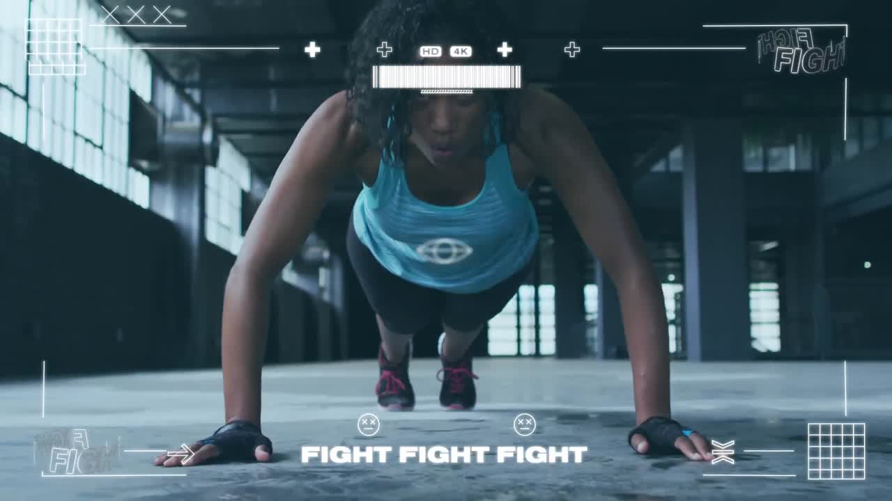 Digital animation of video game interface against woman performing push up exercise